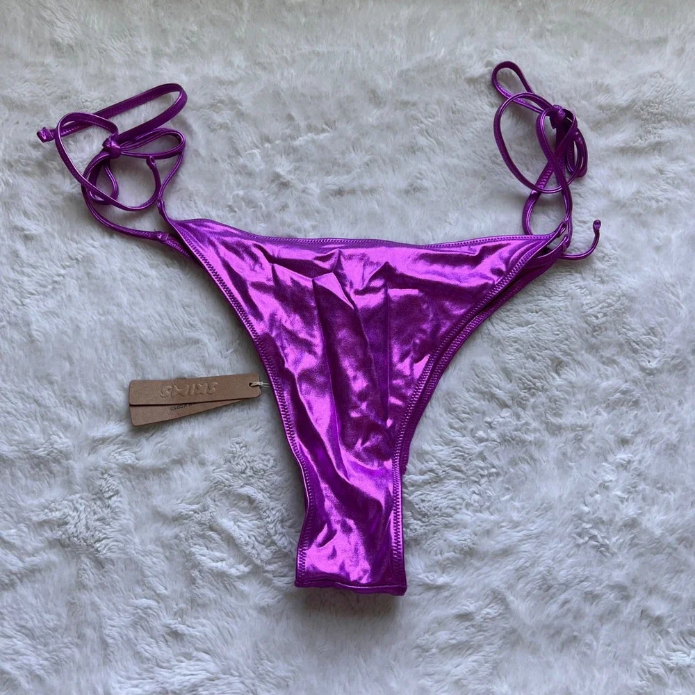 SKIMS Metallic Swim Tie Bikini Bottom Dragon Fruit Purple BB-TNG-2804 Womens 2X